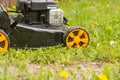 Lawn mower. Mow the lawn with a lawn mower. Royalty Free Stock Photo