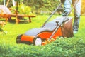 Lawn mower mower grass equipment mowing gardener care work tool Royalty Free Stock Photo