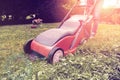 Lawn mower mower grass equipment mowing gardener care work tool Royalty Free Stock Photo