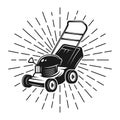 Lawn mower with rays in vintage style on white