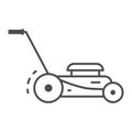 Lawn mower thin line icon, Garden and gardening concept, lawnmower sign on white background, lawn mower icon in outline