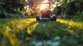 Lawn Mower on Top of Green Field Royalty Free Stock Photo