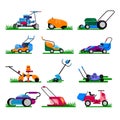 Lawn mower vector gardening lawnmower electric equipment machine and garden mowing trimmer illustration machinery set of