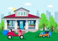 Lawn mowers on grass in yard front of beautiful private house vector illustration. Motorcycle and electric two lawn