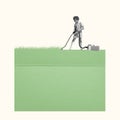 Lawn mowing. Contemporary art collage, design with little girl, child standing with retro vacuum cleaner. Concept of