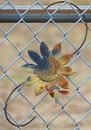 Lawn Ornament Closeup Detail of a Rusty Metal Flower and Bee on a Chainlink Fence