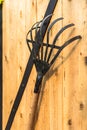 Lawn rake is hanging on the wood wall at farm