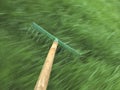 Lawn rake in motion in grass