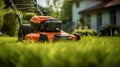 Lawn robot mows the lawn. Robotic Lawn Mower cutting grass.