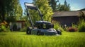 Lawn robot mows the lawn. Robotic Lawn Mower cutting grass.