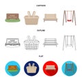 Lawn with a sign, a basket with food, a bench, a swing. Park set collection icons in cartoon,outline,flat style vector