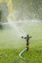 Lawn sprinkler spaying water over green grass. Irrigation system. Automatic watering lawns. Gardening. vertical photo Royalty Free Stock Photo