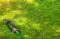 Lawn sprinkler spaying water over green grass. Royalty Free Stock Photo