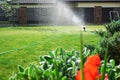 Lawn sprinkler watering green grass Royalty Free Stock Photo