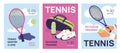 Lawn tennis cards. Sport tournament posters. Professional accessories. Rackets and balls. Sneakers in bag. Training