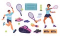 Lawn tennis elements. Cartoon athletes with rackets. Sports equipment. Players hit balls. Sneakers or sportswear
