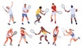 Lawn tennis people. Professional athletes in uniform, men and women with rackets, dynamic poses, batting and serving