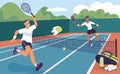 Lawn tennis players on court. Cartoon professional athletes hit ball. Pre match training process. Outdoor sport stadium