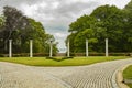 Vanderbilt Mansion Entryway Gardens with Columns and V-shaped Bush Royalty Free Stock Photo