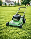 Lawnmower on freshly mowed lawn in front of suburban house