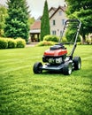 Lawnmower on freshly mowed lawn in front of suburban house
