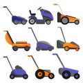 Lawnmower icon set, cartoon style