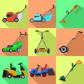 Lawnmower icons set, flat style Royalty Free Stock Photo