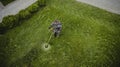 The lawnmower man mows the lawn the view from the top Royalty Free Stock Photo