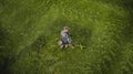 The lawnmower man mows the lawn the view from the top Royalty Free Stock Photo