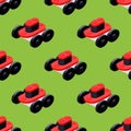 Lawnmower robot on the lawn, seamless pattern. Vector clipart