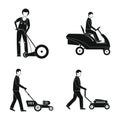 Lawnmower service man icons set, simple style Royalty Free Stock Photo