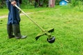 Lawnmower. Worker, a man holding a lawn mower. Landscape gardening work.