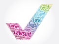 Lawsuit check mark word cloud collage, law concept background