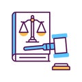 Lawsuit line color icon. Judiciary concept. Gavel, scales of justice on book element.