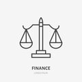 Lawyer, attorney flat line icon. Scale sign. Thin linear logo for legal financial services, accountancy