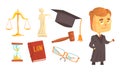 Lawyer Attributes and Judge Wearing Gown Vector Set