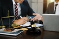 Lawyer business man working with paperwork on his desk in office workplace for consultant lawyer in office Royalty Free Stock Photo