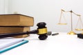 Lawyer desk room office with gavel equipment. Royalty Free Stock Photo