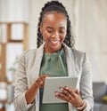 Lawyer, happy or black woman with tablet in office for legal research, online app and social media. News, technology or Royalty Free Stock Photo