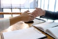 Lawyer or judge  with gavel and balance handshake with client Royalty Free Stock Photo