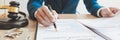 Lawyer judge reading documents at desk in courtroom Royalty Free Stock Photo