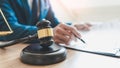 Lawyer judge reading documents at desk in courtroom Royalty Free Stock Photo