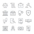 Lawyer and law linear icons set. Consideration of petitions, declarations, investigation of cases, legalization of Royalty Free Stock Photo