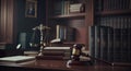 Lawyer office. Judge gavel and law books, banner. judgment hammer, Legal office. Attorney at law. Law and justice. Wooden judge