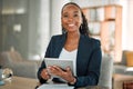 Lawyer, portrait and black woman with tablet in office for research, email and smile. African attorney, technology and Royalty Free Stock Photo