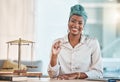 Lawyer, portrait and happy black woman with glasses in office, law firm or workplace table. African attorney, face and Royalty Free Stock Photo