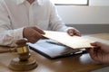 Lawyer send a contract documents to client in office. consultant lawyer, attorney, court judge, concept