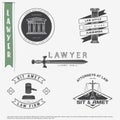 Lawyer services. Law office. The judge, the district attorney, the lawyer set of vintage labels. Scales of Justice. Court of law s