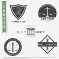Lawyer services. Law office. The judge, the district attorney, the lawyer set of vintage labels. Scales of Justice. Court of law s