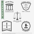 Lawyer services. Law office. The judge, the district attorney, the lawyer set of vintage labels. Scales of Justice. Court of law s